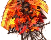 20" X 12" Natural Twig Fall Leaf Decor Fall Wreath - InitialExpression1