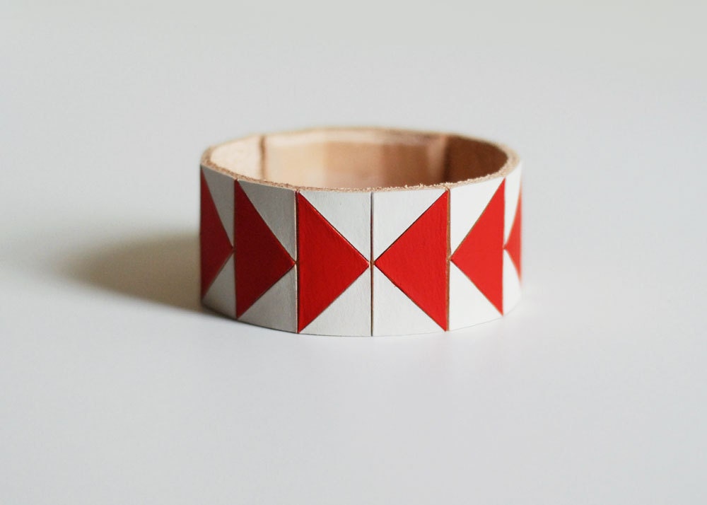 Hand Painted Leather Cuff Bracelet in White/Red "Arrowheads" Geometric Pattern (made to order) - BrickAndArrow