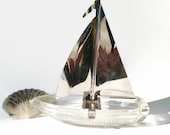 Vintage Glass Ashtray Sailboat with Chrome Sail Seaside Inspired Nautical Decor - northandsouthshabby