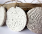 Set of 3 Religious Handmade Ceramic Christmas Ornaments, Unglazed Bisque Round White Pottery Decoration, Names for Christ, Jesus, Messiah - ThisOnesMineDesigns