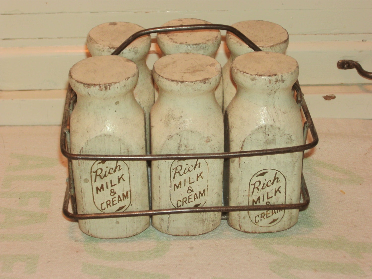 Vintage Wood Milk Bottle Set Six Bottles and Wire Carrier " Rich Milk