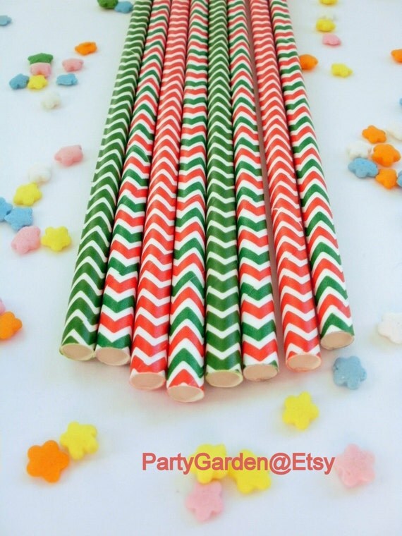 50 Christmas Holiday Chevron Paper Straws - With Free Printable DIY Flags Il_570xn