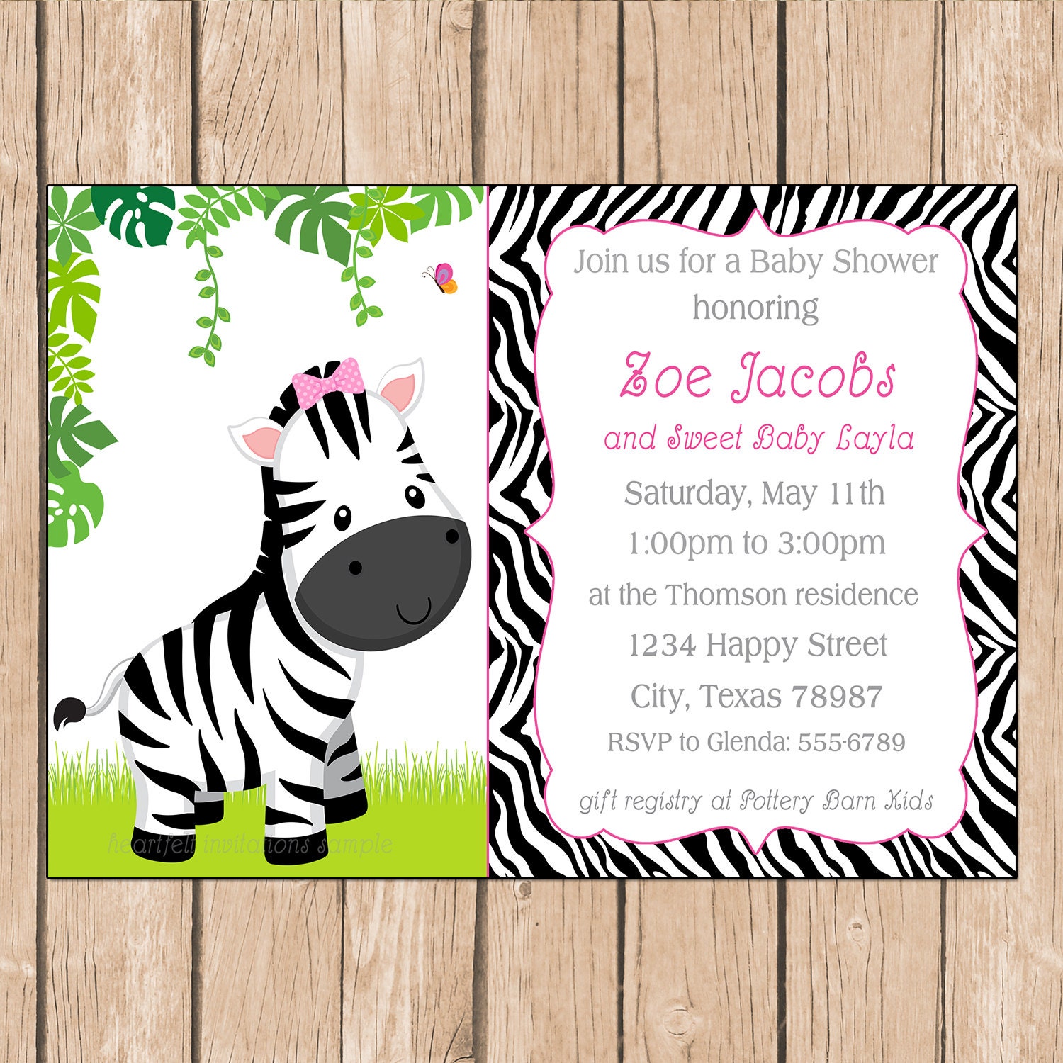 Zebra Baby Shower Invitation - 1.00 each printed or 10.00 DIY file