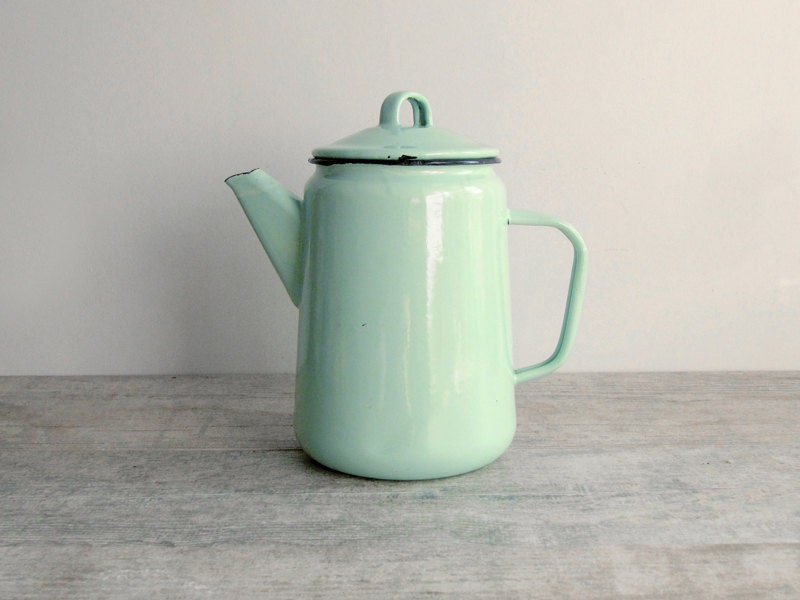 Mint Enamel Coffee Pot - Soviet vintage pitcher - shabby chic enamelware - country kitchen home decor - farmhouse kitchenware - made in USSR - OldTimeGoods