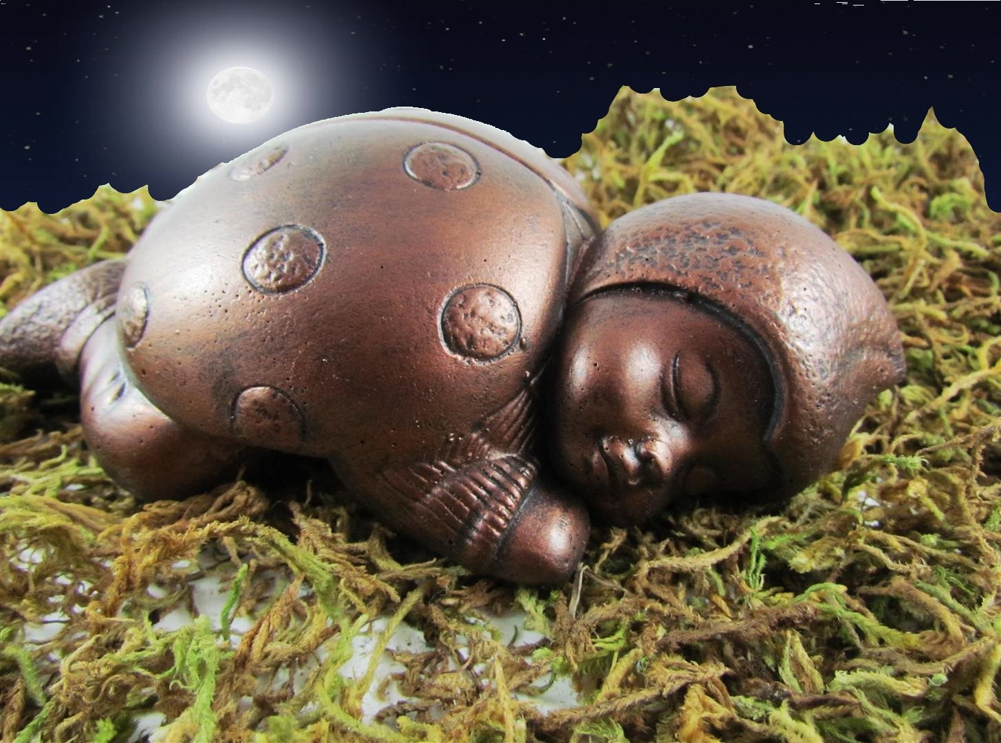 Ladybug Sleeping Baby Statue  Anqitue Copper Finish - Cast Stone Lady Bug - WrenGifts
