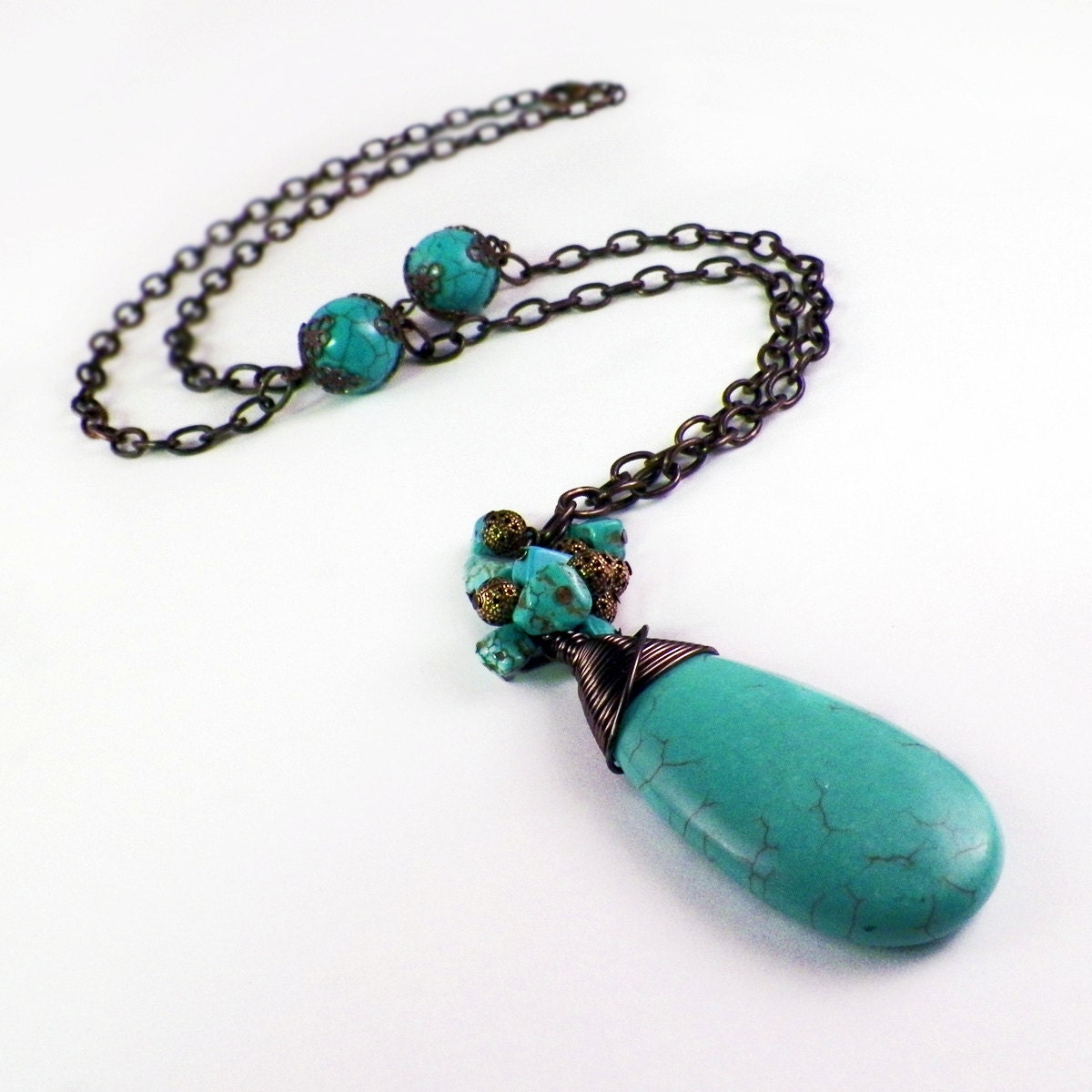 Long Jumbo Howlite Drop & Turquoise Natural Brass Necklace - ModernDayMiracles