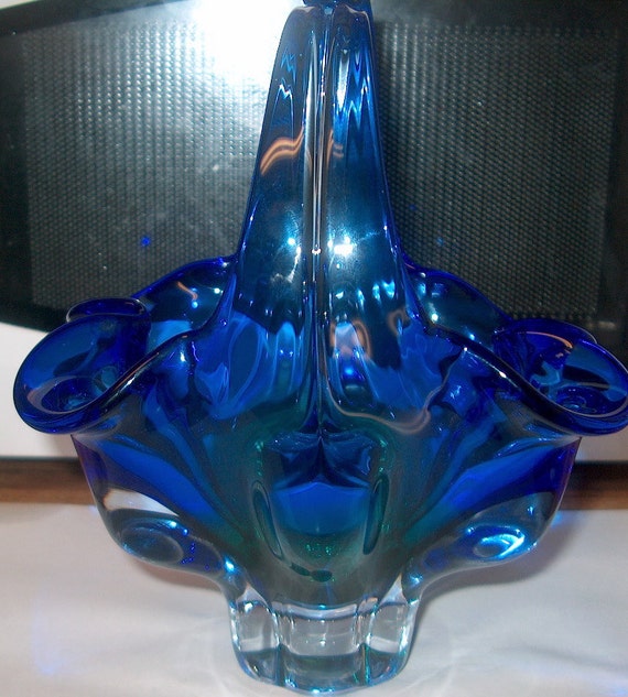 Vintage Murano Blue Glass Basket Blown By Goldennuggetantiques 7414