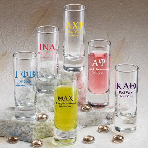 50 Greek Letter Shot Glasses, Custom 2oz Glass Shooter Tall Shot