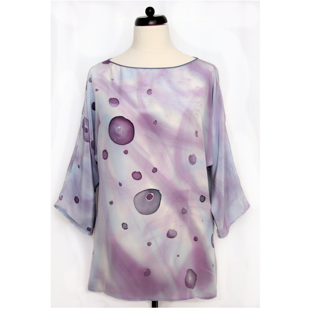 Hand painted silk gray-purple kimono blouse with dots - DorSilk