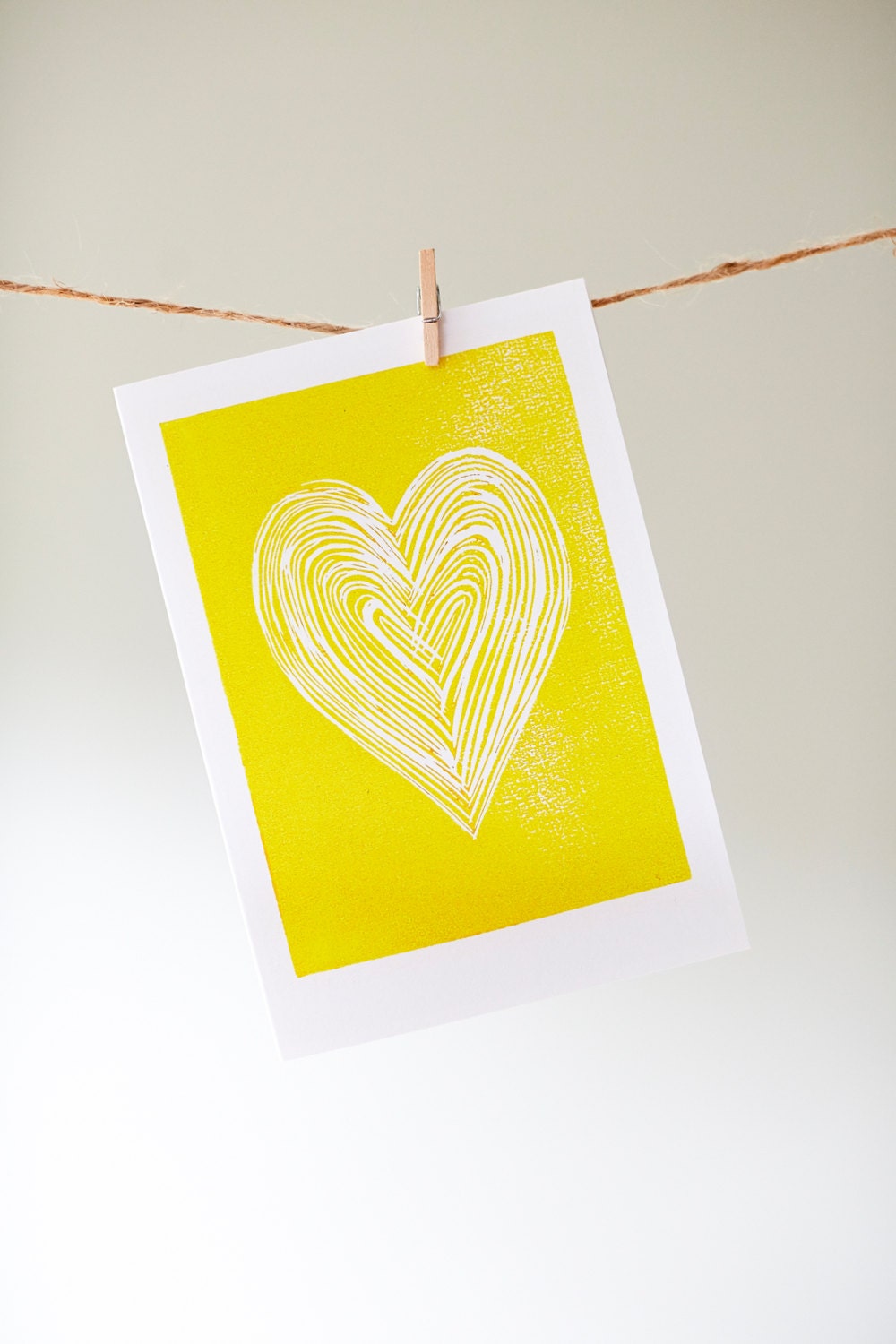 yellow heart Valentine's card from original linocut - WeAreMountain