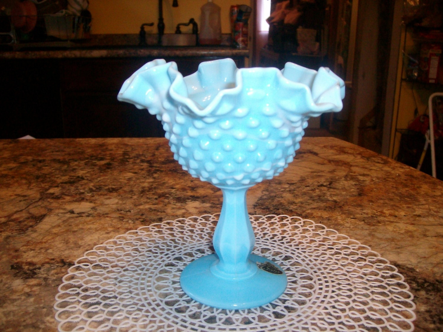 Vintage Fenton Blue Milk Glass Hobnail Comport by Huffysvintiques
