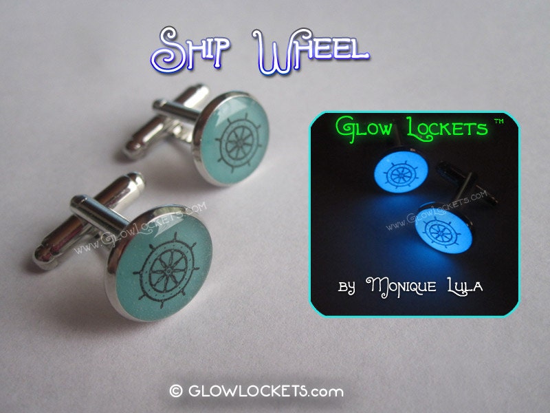 Ship Wheel Nautical Sailor Glow Blue Cuff Links