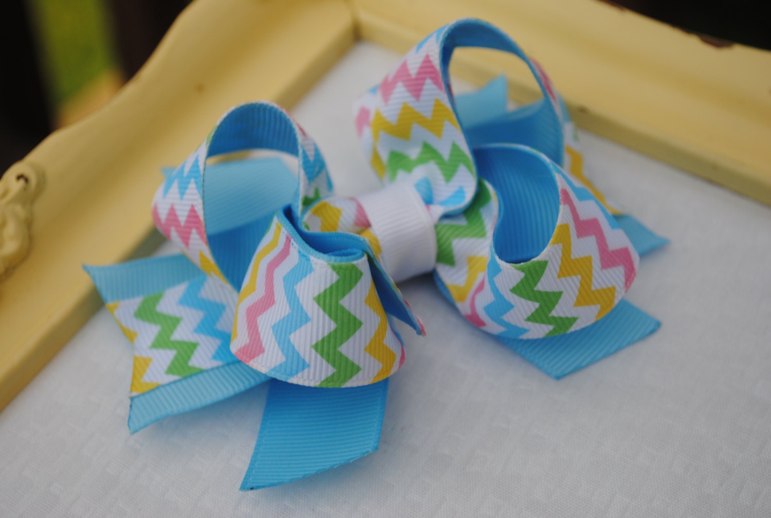 Boutique Easter Hairbow..Blue and Pastel Layered Stacked Spring Hair Bow..Toddler Hairbow...Chevron Bow...Baby Hair Clip..Blue Bow - HomespunHoneyBee