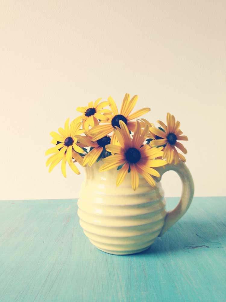 Yellow Flowers in Vase / farmhouse decor  / summer / spring art / flower photography / mint green aqua white / modern vintage style print - joystclaire