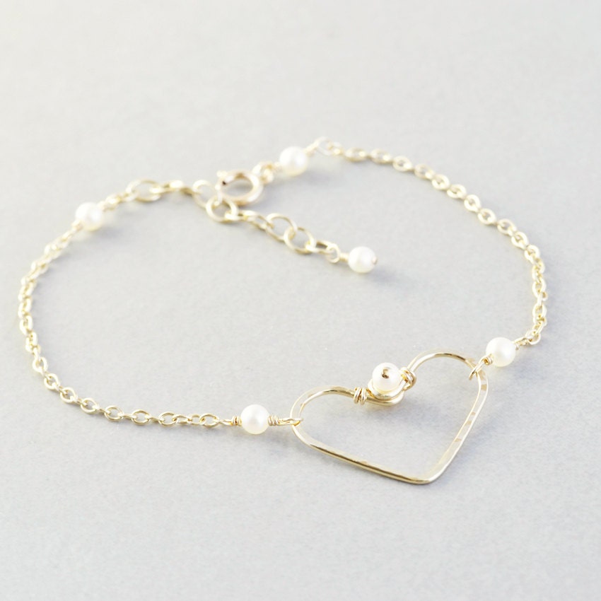 Gold Silver Heart Bracelet, Chain Bracelet, Pearl Bracelet