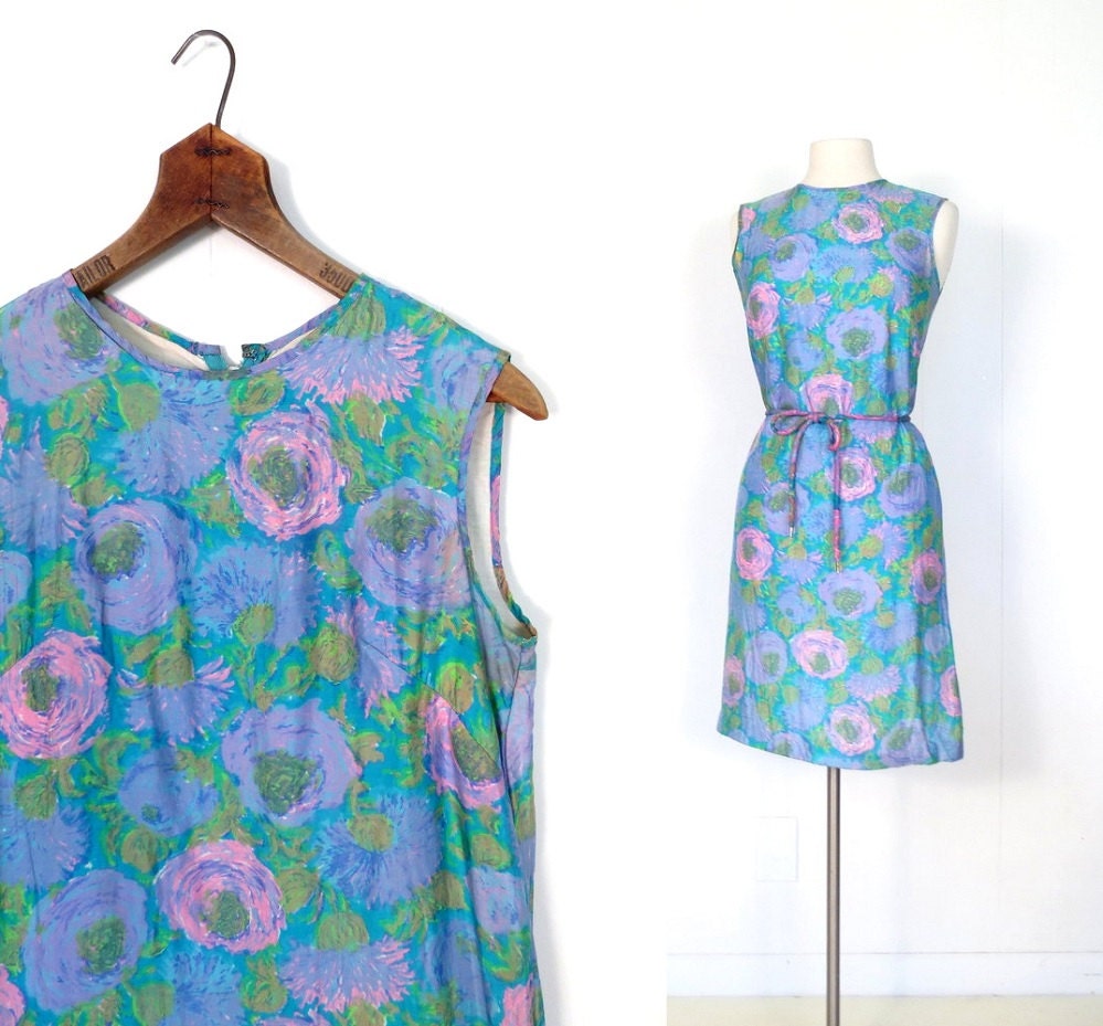 Vintage 1960s Dress / PAINTED BLOOMS Silk Floral Dress / 60s Dress / XS