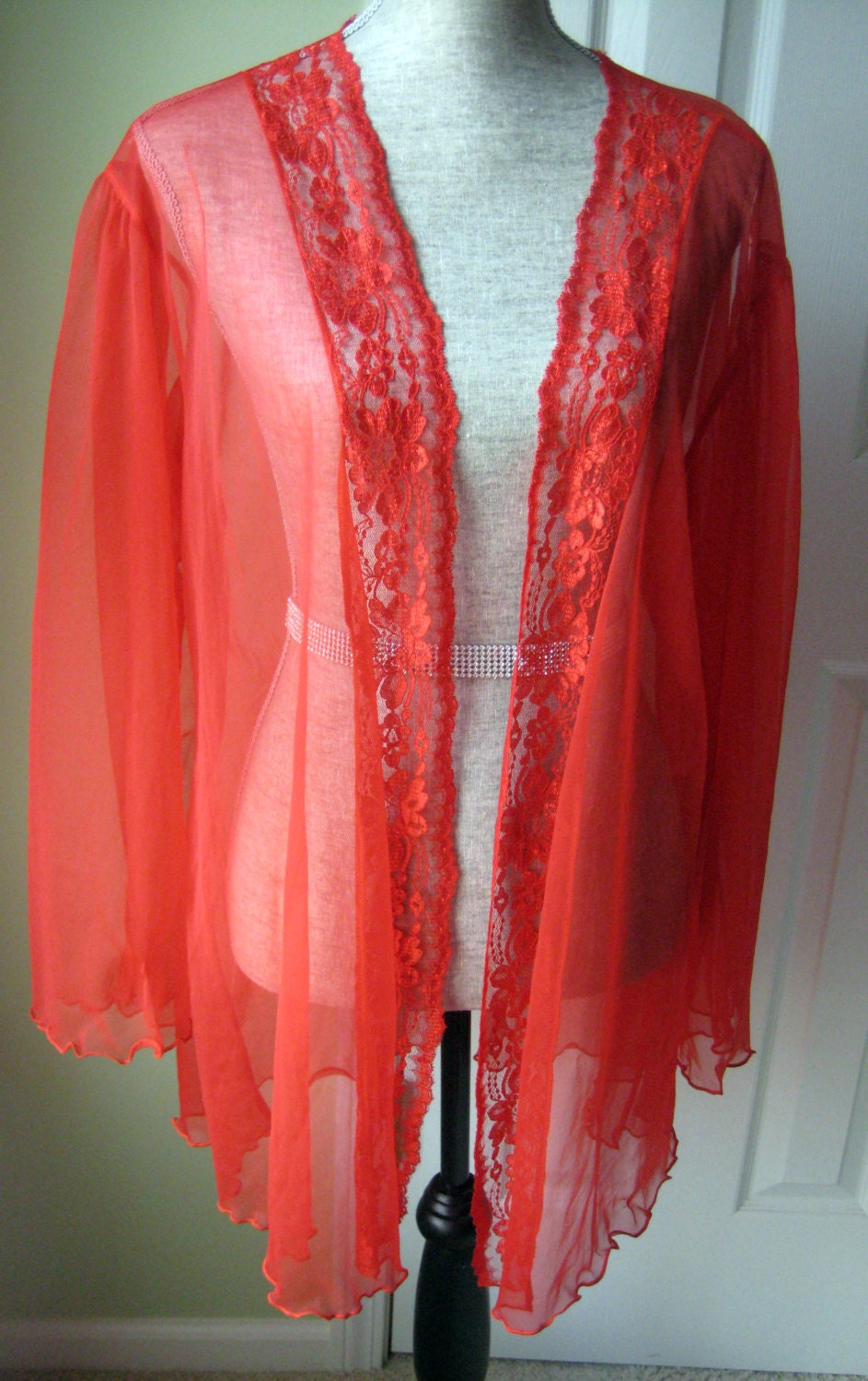 Vintage red sheer cover up bed jacket one size by retroglamvintage