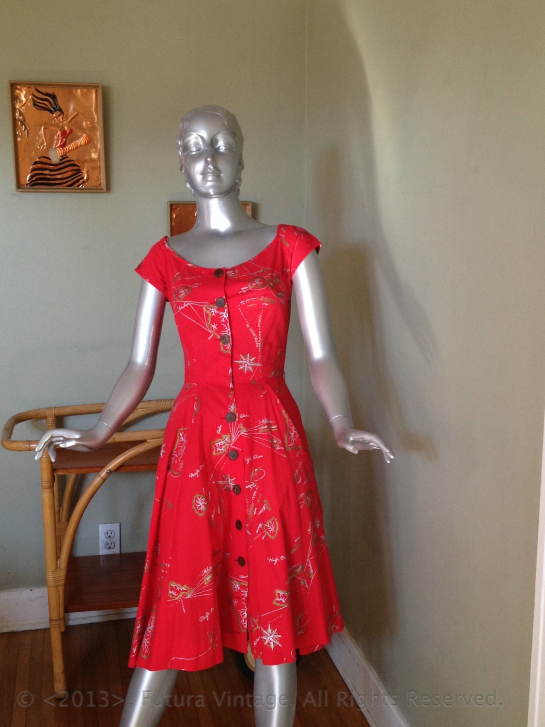 1950s Surf n' Sand Hawaii-Red with Silver and Gold Map Shirt Dress