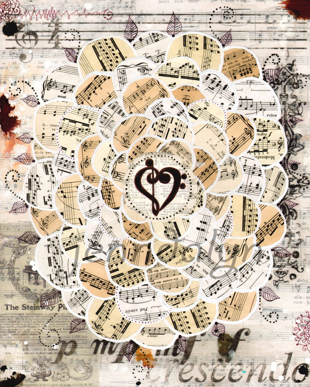 sheet music art music note mixed media painting 8 x 10 PRINT vintage paper collage art