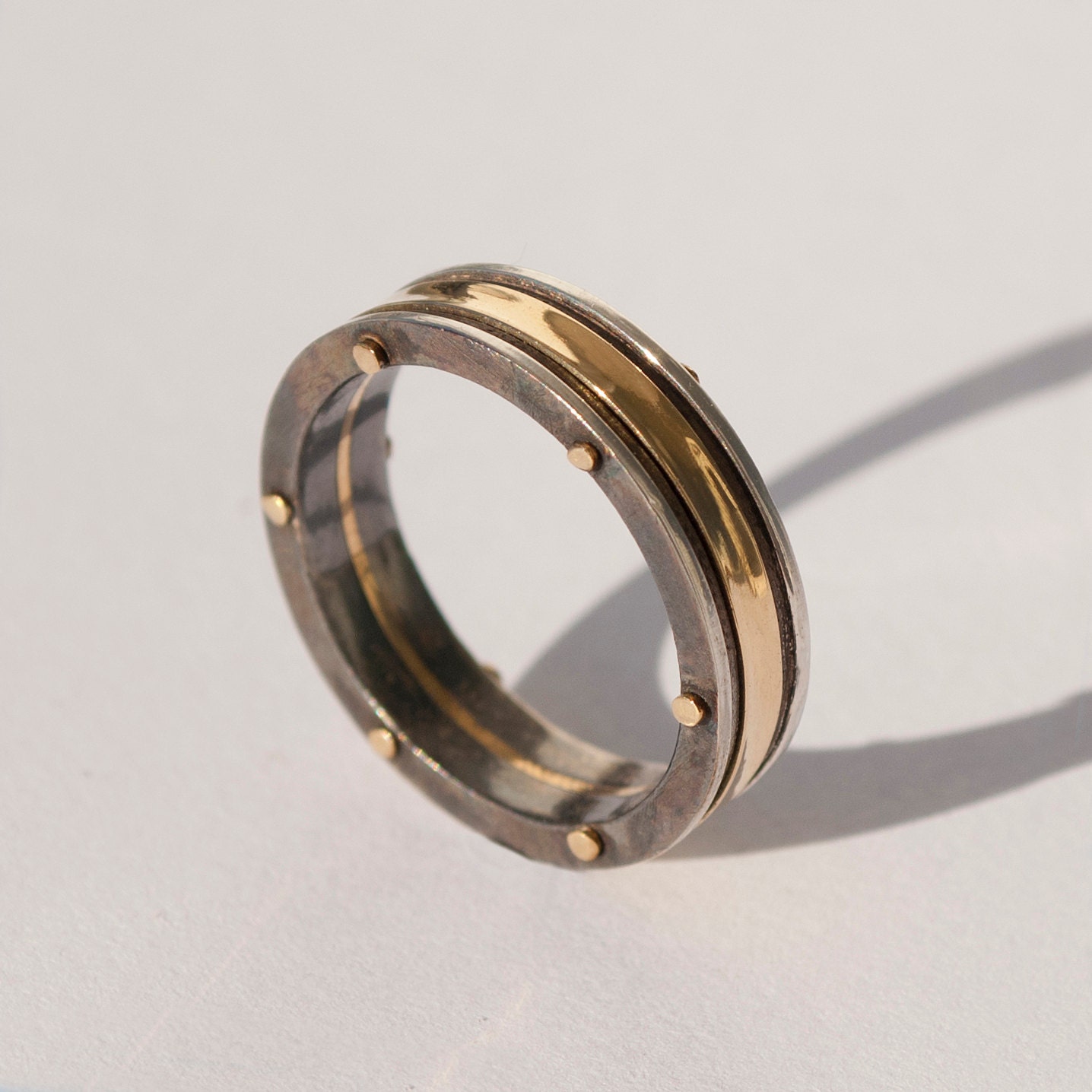 Gold Wedding Band, Men's 14K Gold and Oxidized Silver Wedding band ...