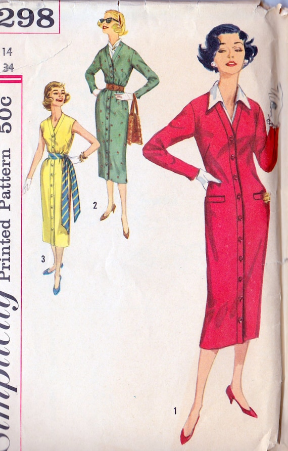1950s Dress with Detachable, Collar, Vestee and Sash Vintage Sewing Pattern 2298 bust 34"