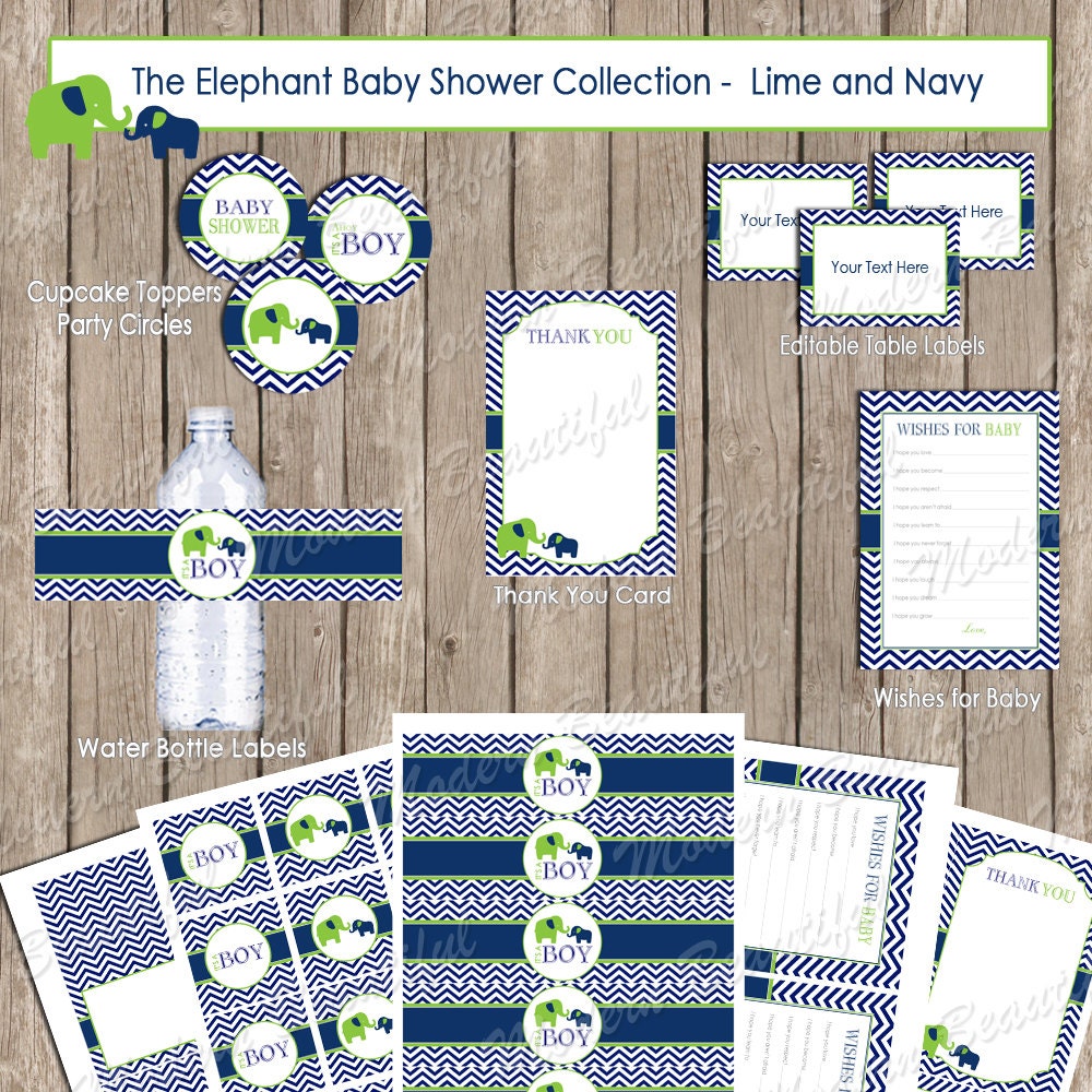 Navy and lime baby shower package, chevron baby shower, elephant baby shower, boy elephant shower, printable (INSTANT DOWNLOAD) - elephant1 Il_570xn