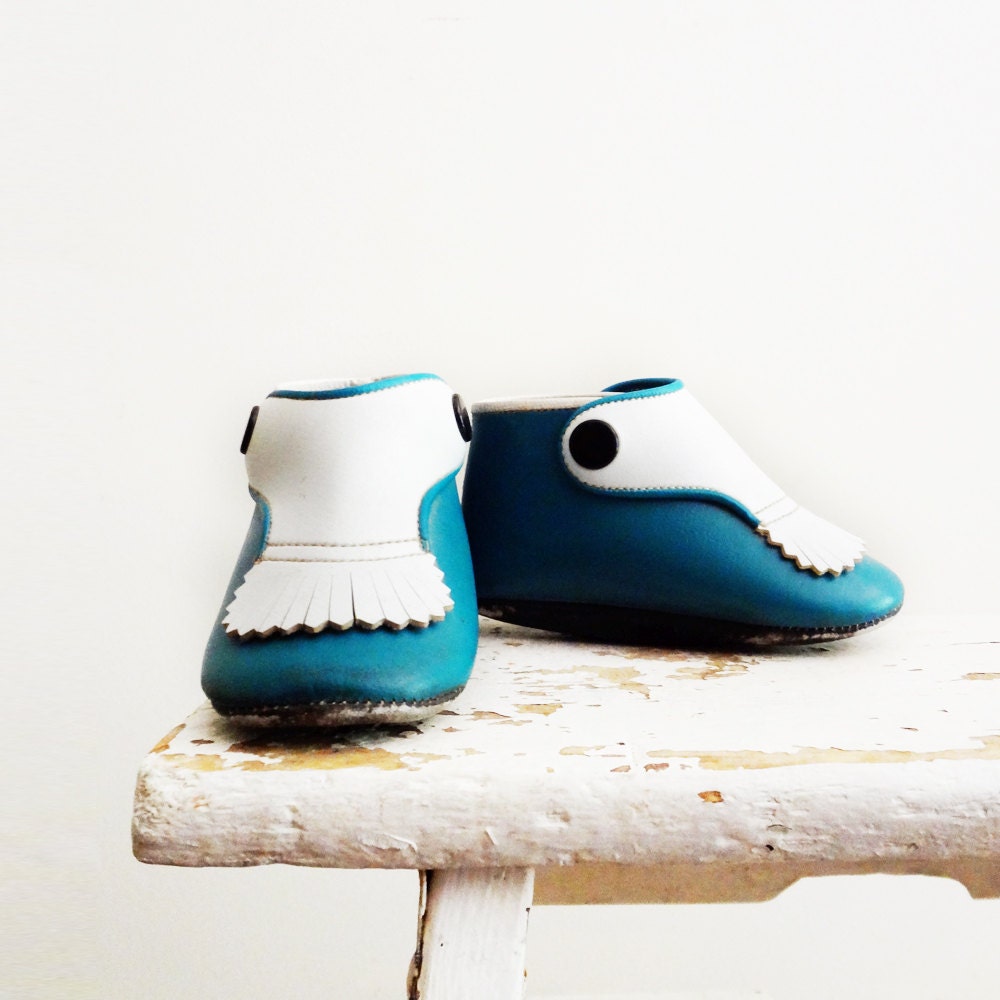 Vintage Baby Shoes, Teal Turquoise Moccasins