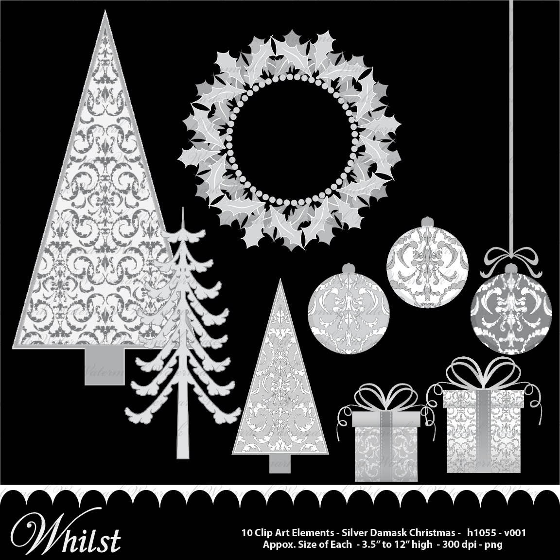 Christmas clip art - Christmas tree - Christmas damask - ornaments clip art - damask - silver : h1055 v001 Il_570xn