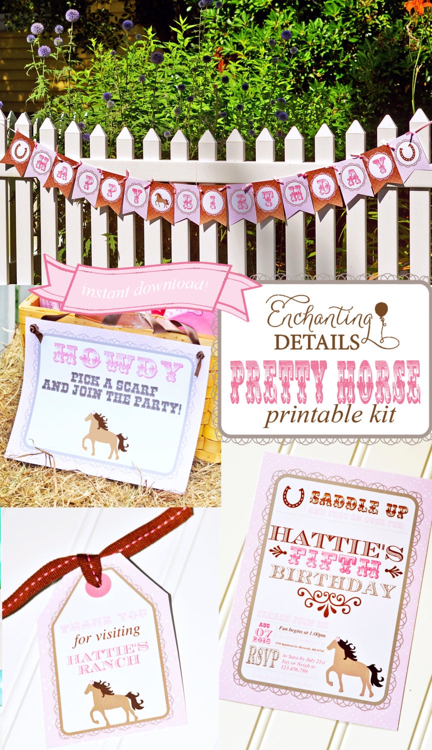 INSTANT DOWNLOAD Pony Pretty Horse Printable Birthday Party Kit & Invitation- DIY/Customize Editable in Adobe Reader Il_570xn