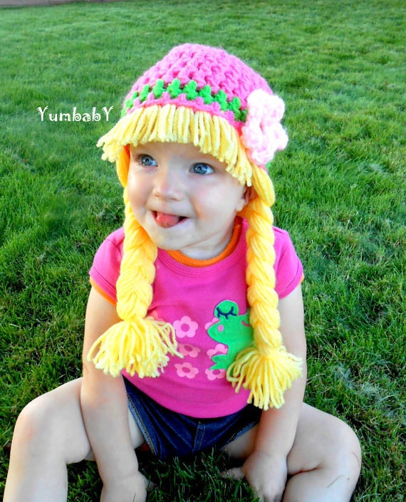 Baby Girl Beanie Wig- Pink Green Hat with Pigtails and Flower- Photoprop - YumbabY