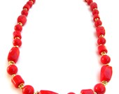 Mod Red Lucite Necklace, Cherry Red and Gold, Mid Century, Retro Jewelry