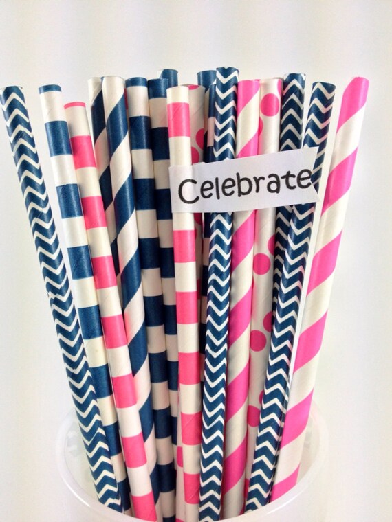 25 Navy & Pink Girl's Nautical Mix Paper Straws, Anchor, kid's party, Birthday, Wedding, Shower, Carnival Il_570xn