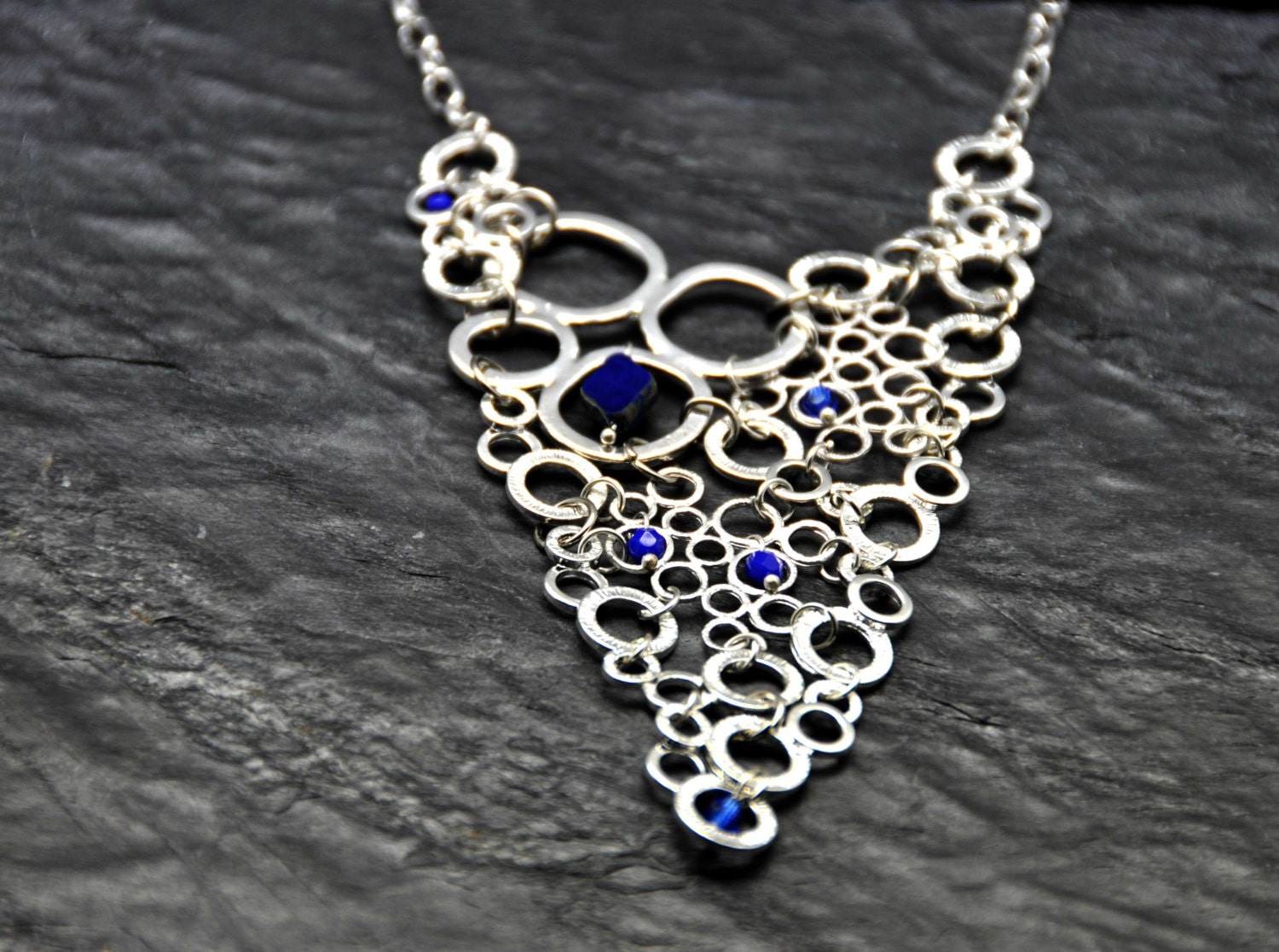Sterling Silver plated Bubble Delights Statement Necklace with cobalt blue czech crystals - BBTAR