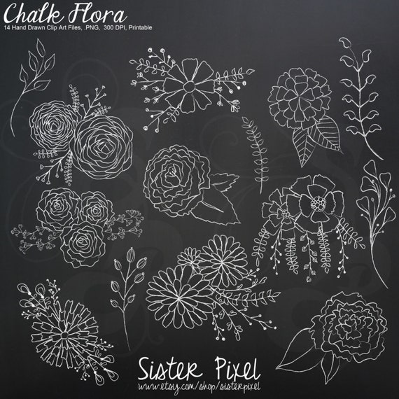 Chalk Flowers Clip Art Graphics in White Hand Drawn by SisterPixel