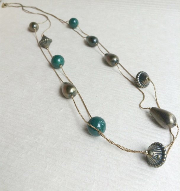 Sale. 1970s Long Vintage Brass beaded Necklace. Two strands of beads. 36" in length. Brass. Green. - VintageBlueSky
