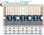 Custom Crib Bedding "Sail Away"- Navy Blue, Seahorses, Anchors - Made to Order - Customizable - Neutral Bedding - Bumper, Crib Skirt, Sheet - WHIMSICALandWITTY Custom Crib Bedding "Sail Away"- Navy Blue, Seahorses, Anchors - Made to Order - Customizable - Neutral Bedding - Bumper, Crib Skirt, Sheet - WHIMSICALandWITTY