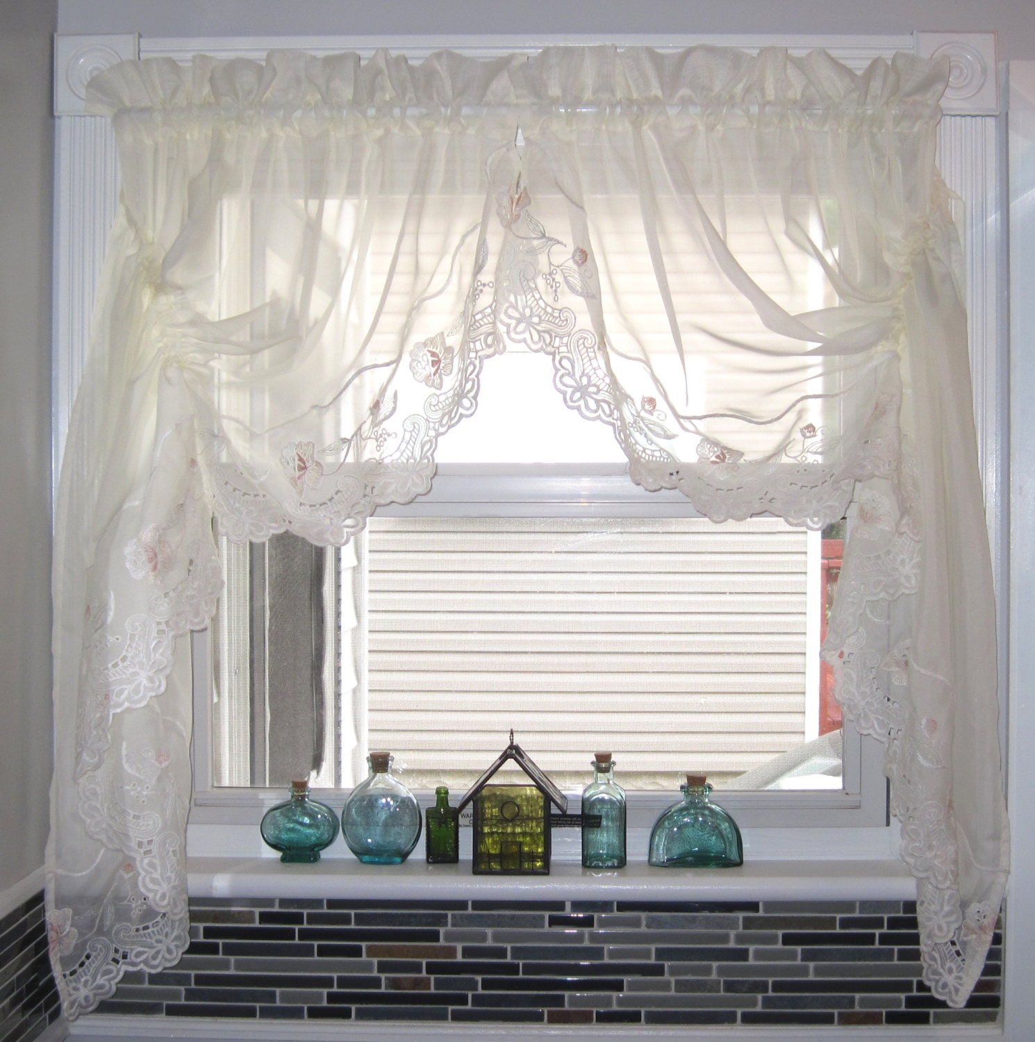 Light green sheer lace window curtain by HTArtcraftAndVintage