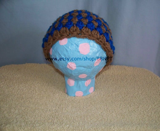 Blue and Brown 0-3 Month Hat (Infant, baby, blue, brown, stripes, diamond) Il_570xn