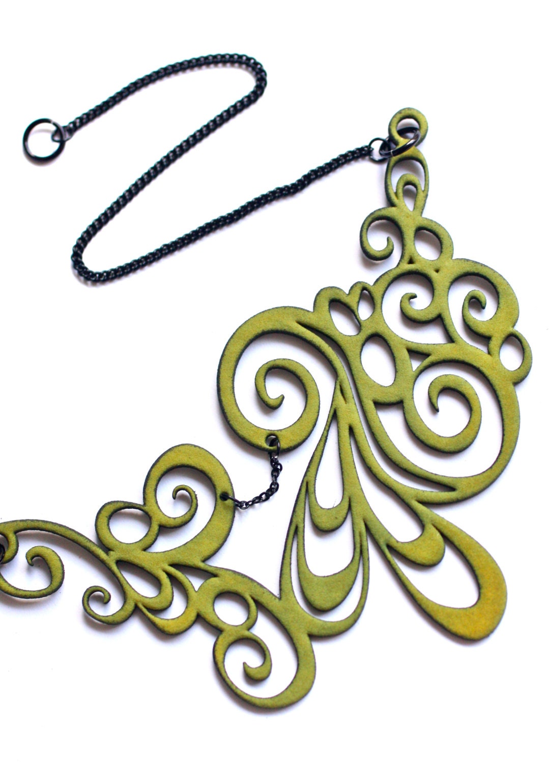 Swirly Avocado Green Necklace - Paisley Spirals - 3d Printed Jewelry - "Smokescreen" - LemantulaDesigns