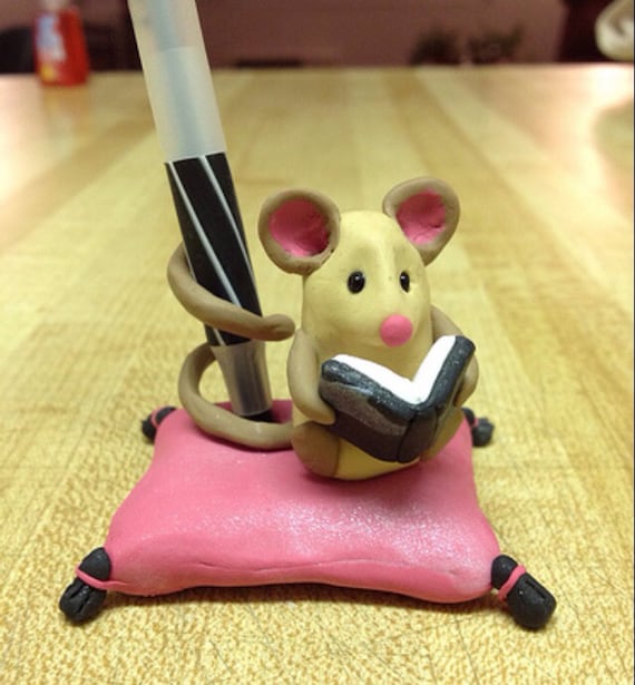Items similar to Mouse Reading A Book Pencil Pen Holder Polymer Clay