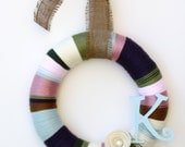 14" Eggplant/rose/pale blue/sage green and cream front door monogram yarn wreath - The Tabitha