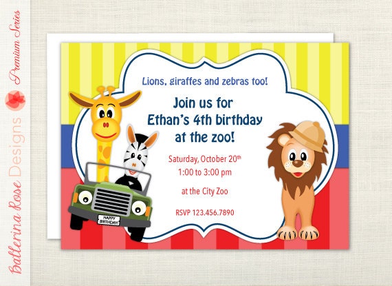 PREMIUM - Zoo Birthday Party or Baby Shower Invitation - lion, giraffe, zebra, jeep, animal, red, yellow, blue - digital file, printable Il_570xn
