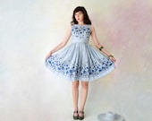 1950's Passing Afternoon Dress // Striped and Floral Printed Dress with Full Skirt // Extra Small // Small - spacewitch