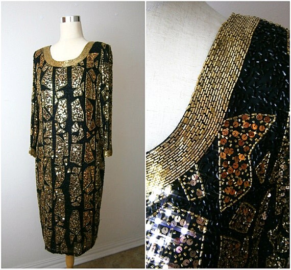 VTG Oleg Cassini Black Tie Beaded Dress / Gold Beaded by braxae
