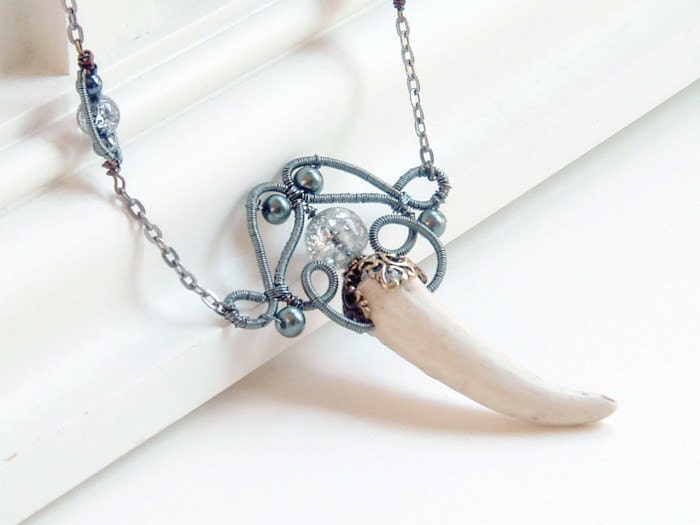 Antler Necklace Pendant Naturally Shed Wire Wrapped Beaded - SeamsVictorian