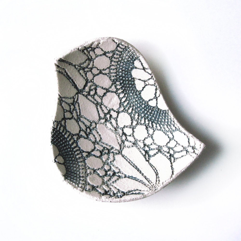 Ceramic bowl Lacy blue bird in cream stoneware pottery with vintage lace imprint in steel blue gray Cottage style home decor gift for her