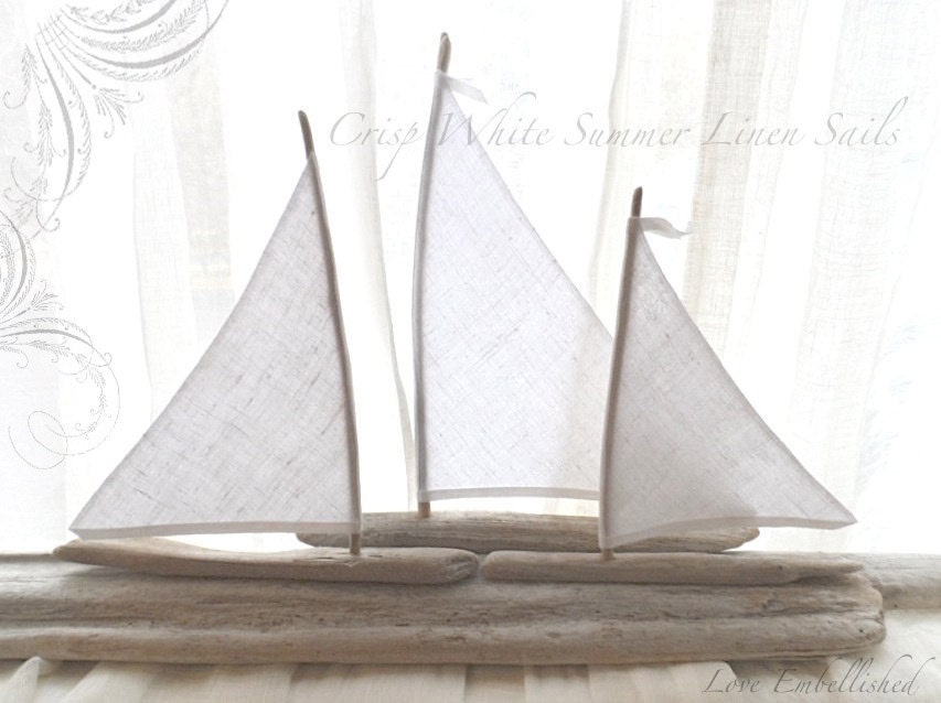 Crisp Summer White Linen Sails Set of Three Large Driftwood Sailboats Beach Decor for Mantel or Coastal Beachside Lakeside Themed Wedding - LoveEmbellished
