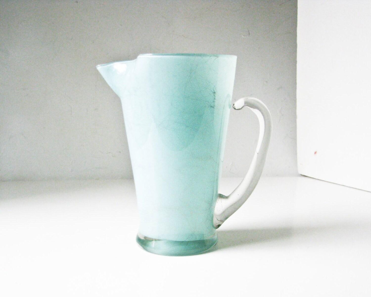 Mid Century Modern Aqua Glass Pitcher with Gold by BeeJayKay