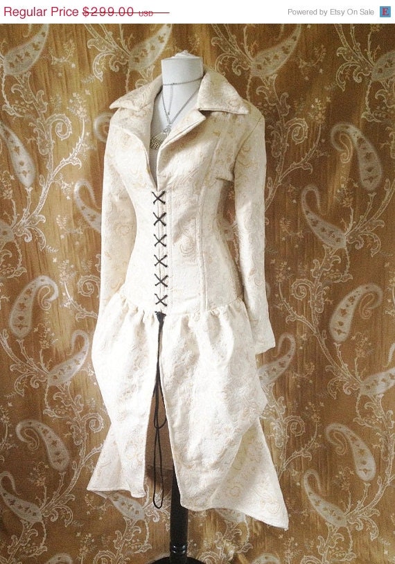 Clearance Sale OOAK Cream brocade steel boned bustle corset coat, valkyrie lace front corset-to fit 32-32 inch natural waist