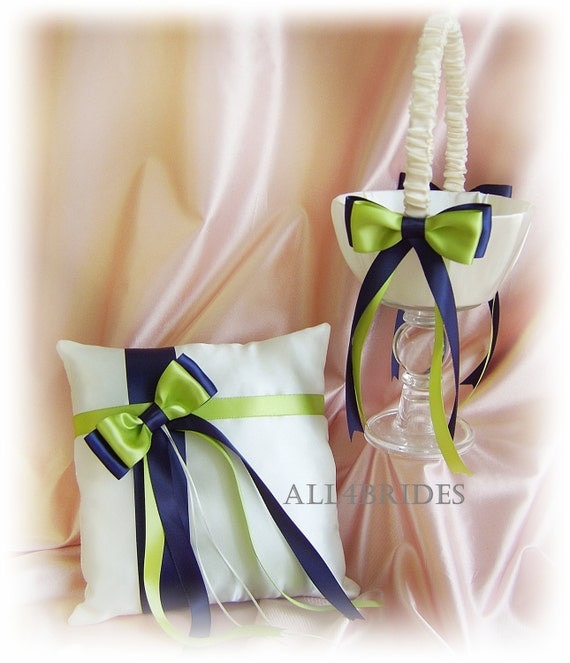 Navy Blue and Green Wedding Flower Girl Basket  and Ring Bearer Pillow, Wedding Ceremony Decor